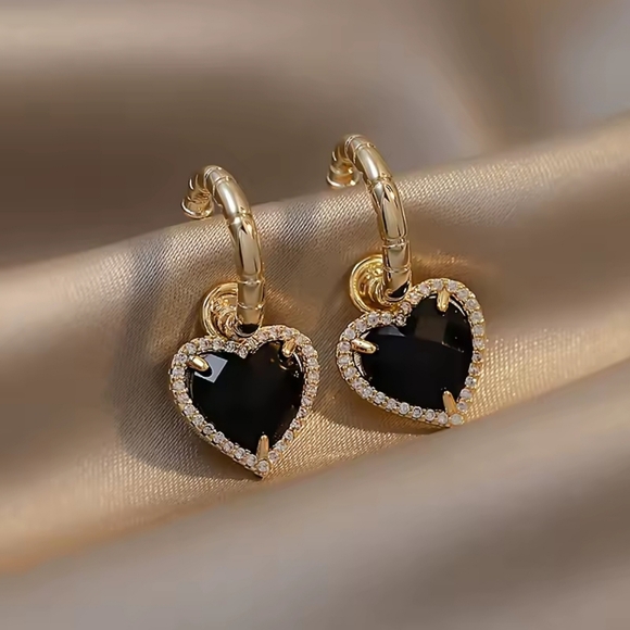 Elegant Gold and Black Heart Earrings - Picture 2 of 6